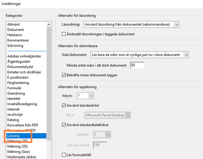 Skärmdump som visar hur dialogfönstret med inställningar för läsning ser ut i Adobe Acrobat Reader